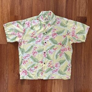 Vintage Pineapple Juice Mens Large Hawaiian Classic Shirt Yellow Floral Rayon